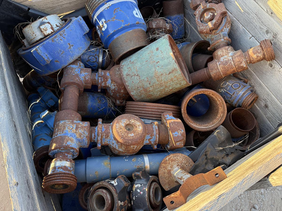 Used (1) TOTE & (1) CRATE W/ VARIOUS 2” & 3” FLOW IRON & CEMENT HEAD CONNS, CROSS OVERS, SUBS, PLUG VALVES, CHIKSANS, & RELATED