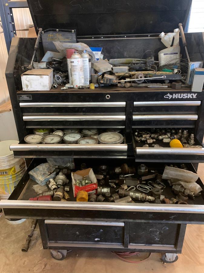 Used Husky Rolling Tool Box, 5’ x 3’ x 2’ Rolling Wooden Table , 4’ x 3’ x 2’ Paint Cabinet