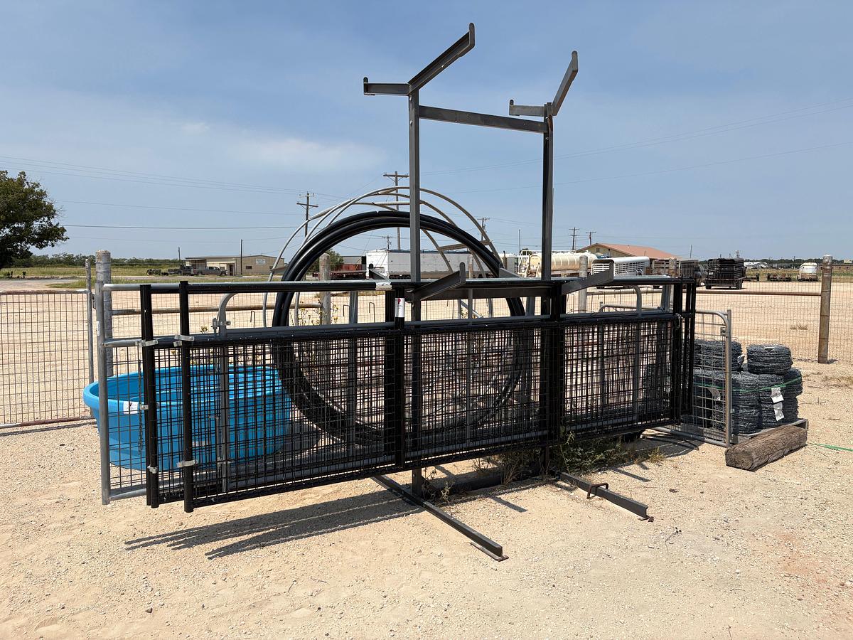Used (4) 15.5’ x 4’ gates, (2) 13.5’ x 4’ gates, (1) 11.5’ x 4’ gate, & storage rack
