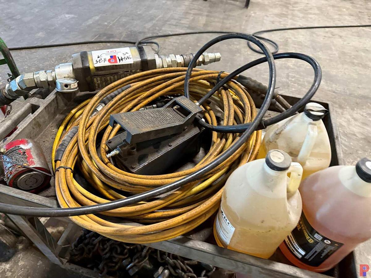 Used LOT W/ (2) ROLLING PARTS CARTS, (2) DOLLIES, HEADLAND METER, PORT A POWER FOOT PUMP, & HOSE,,  PNEUM. FLUID PUMP, 42” SHOP FAN