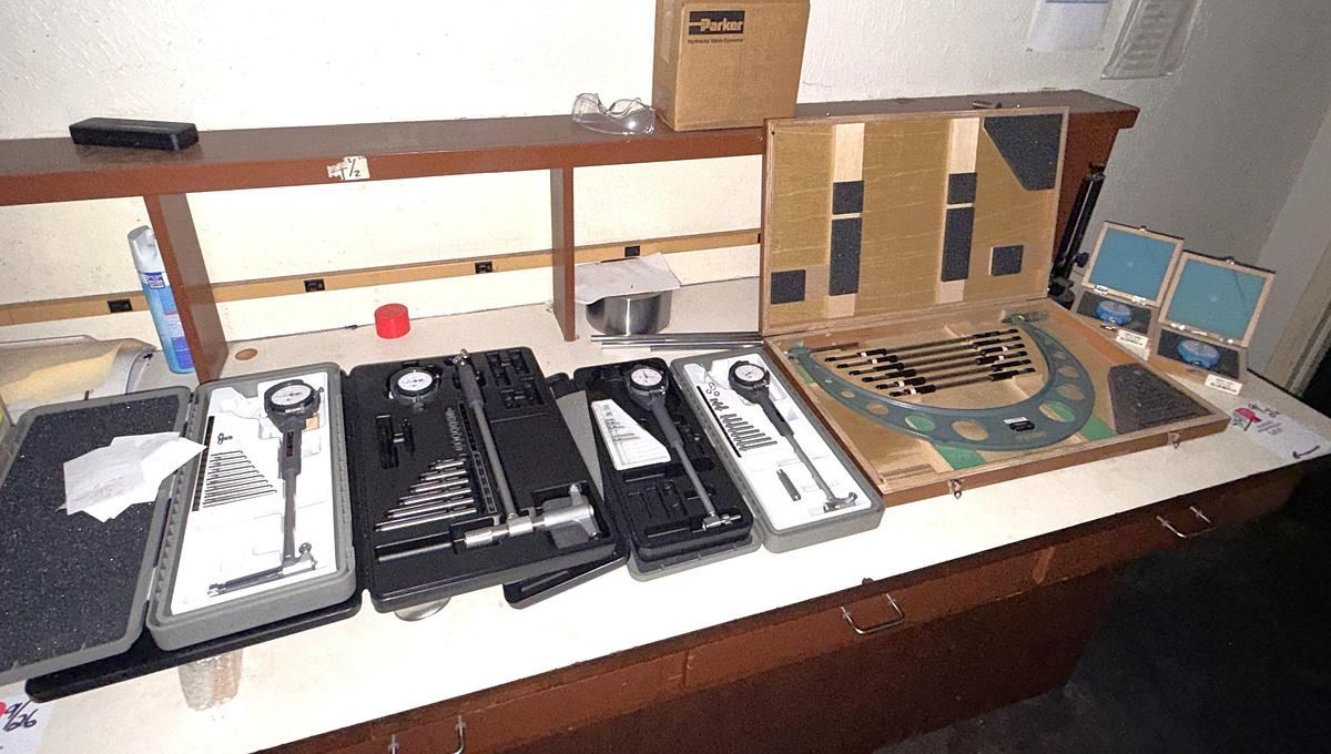 Used SECTION W/(4) MITUTOYO 2” THRU 10” DEPTH GAUGES, (1) MITUTOYO 12-18” OD MICROMETER, & (2) DUROMETER GUAGES