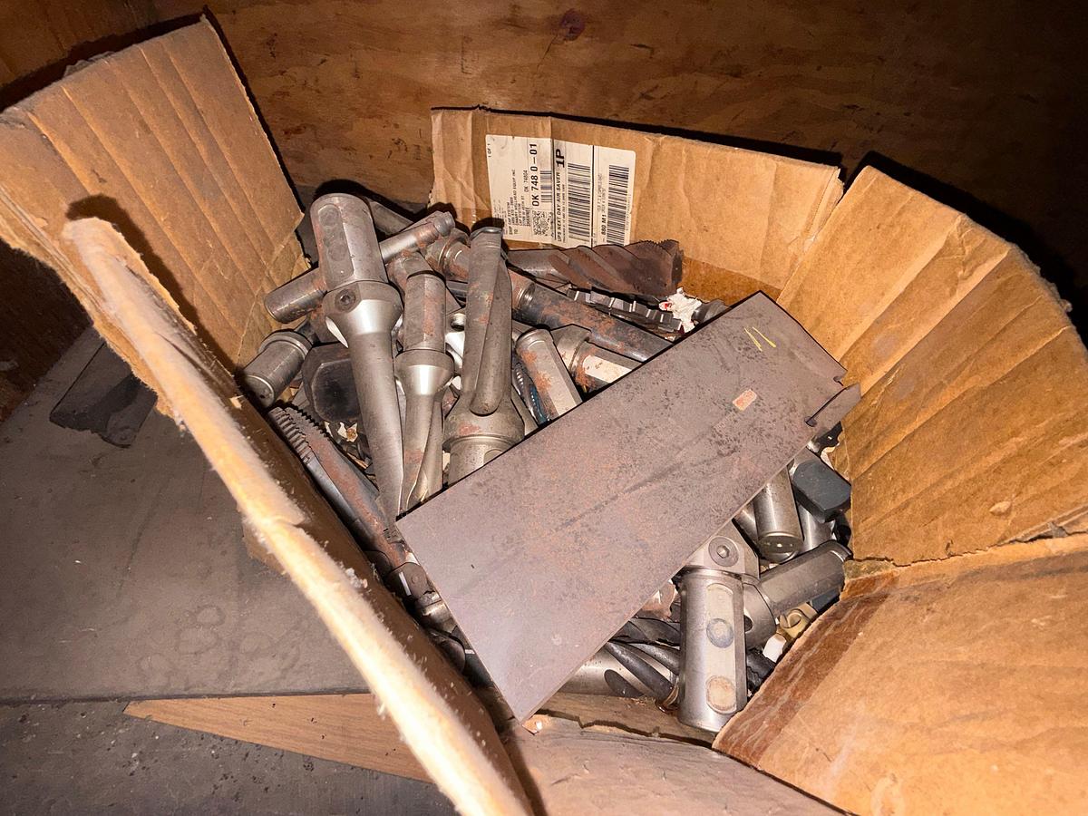 Used 16’x2’x4’ 3-ROW WOOD SHELF W/ CONTENTS OF TAPS, CHUCKS, CUTTING TOOLS, & RELATED