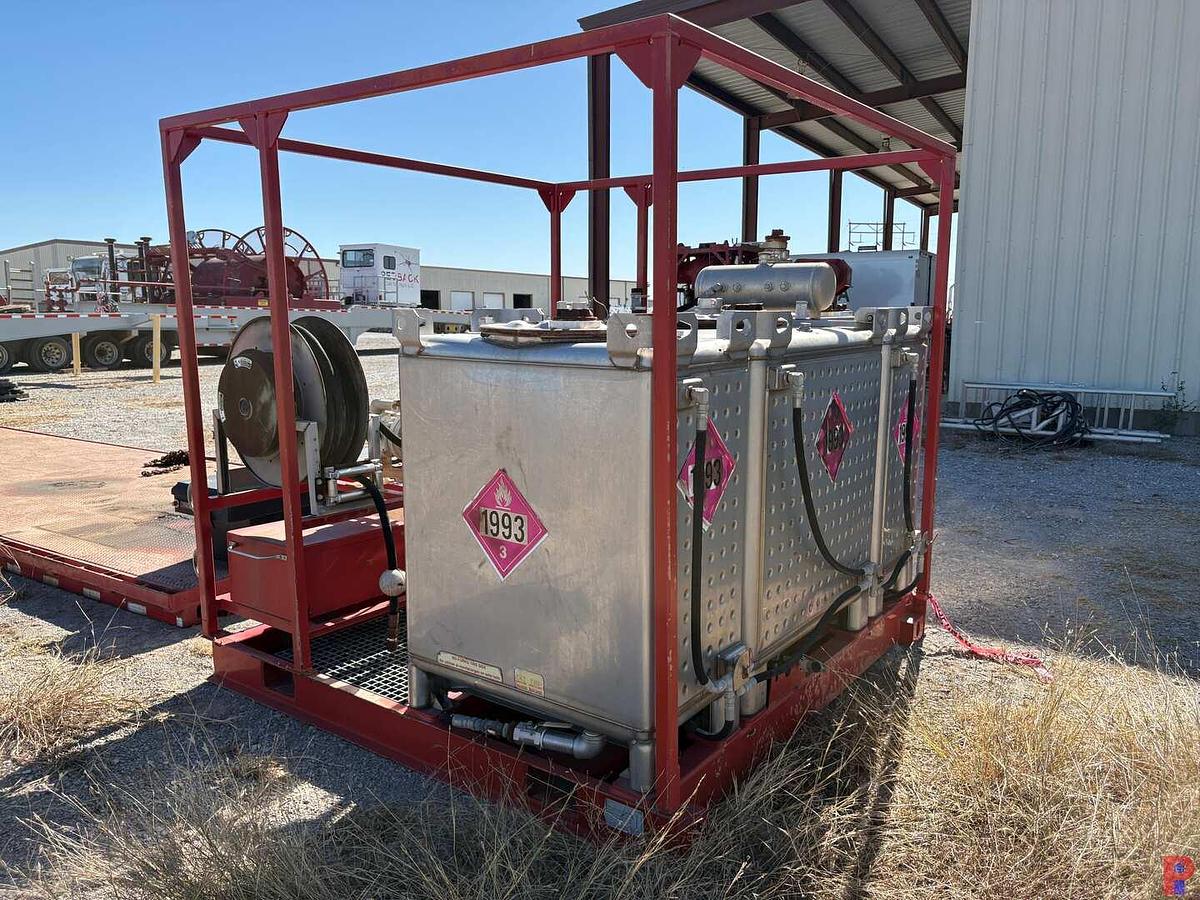 Used 8’ X 8’ HD SKID W/ (3) TRANSTORE STAINLESS STEEL TOTES & HOSE REELS