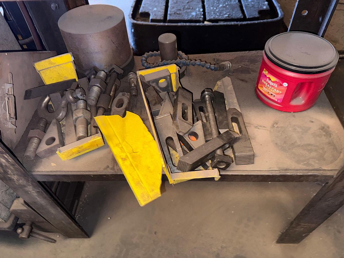 Used SECTION OF (4) TOOL RACK/ TABLES / ROLLING / CART W/ CONTENTS OF RADIAL ARM DRILL PRESS TOOLING & RELATED