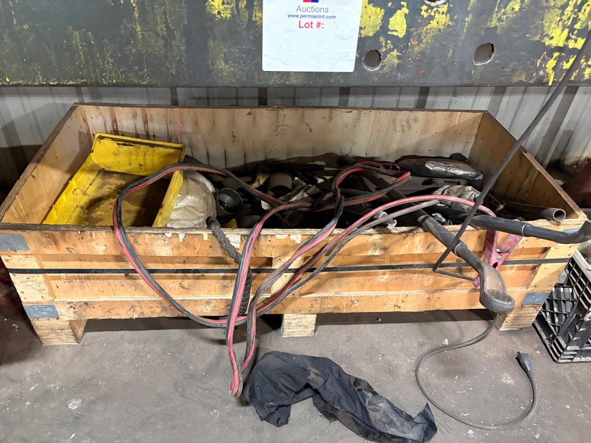 Used 10’ x 3’ x 3’ metal shop table w/ contents