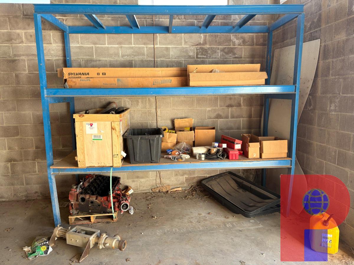 Used LOT OF ASSORTED ENGINE PARTS, HYDRAULIC & SUCTION HOSES, IRON, SHELVING, ETC.