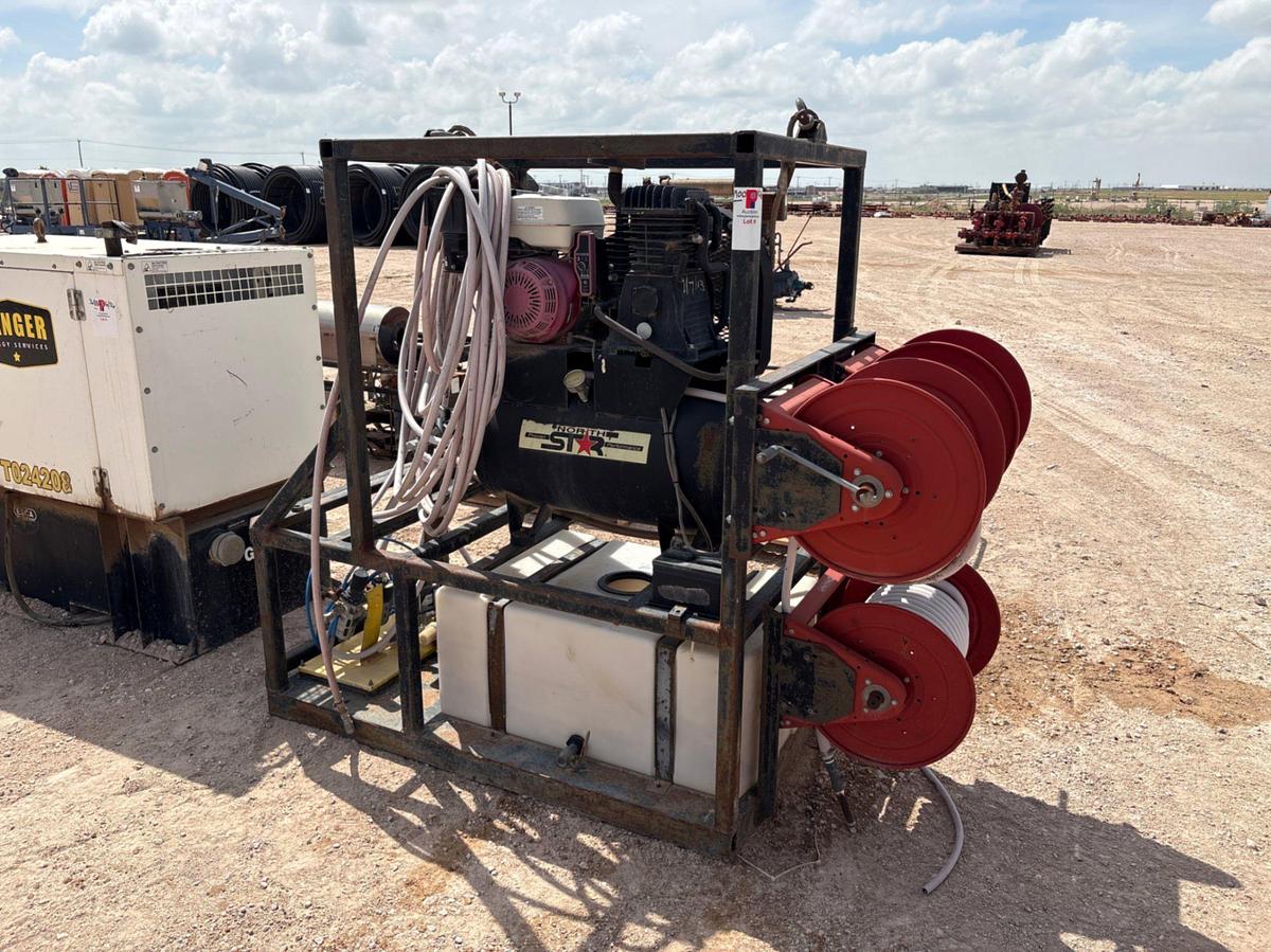 Used North Star air compressor w/ poly tank, hose reels, & pneumatic pumps