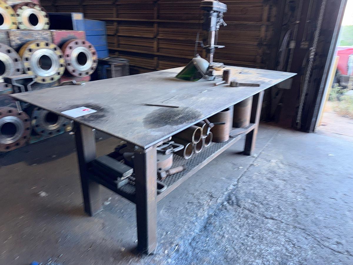 Used 8’x4’x3.4’ HEAVY DUTY METAL WORK TABLE W/ SMALL DRILL PRESS
