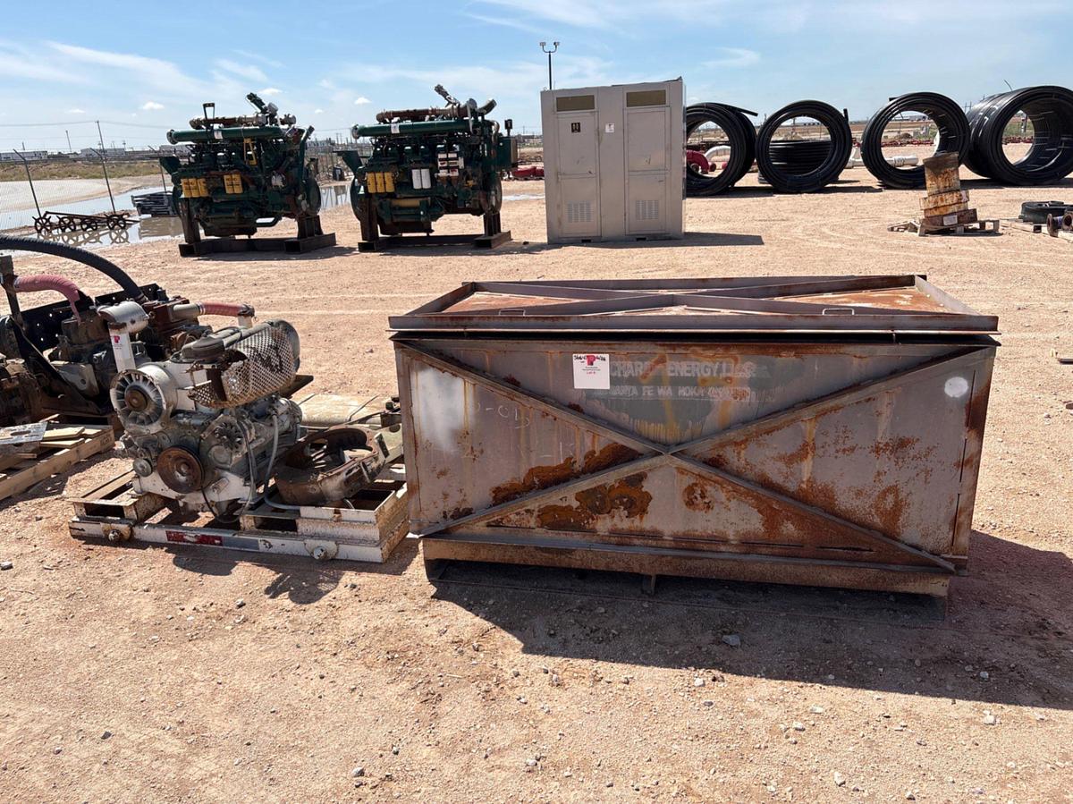 Used 6.5’ x 3’ x 3.5’ metal toolbox w/ contents & incomplete deutz 3-cylinder diesel engine