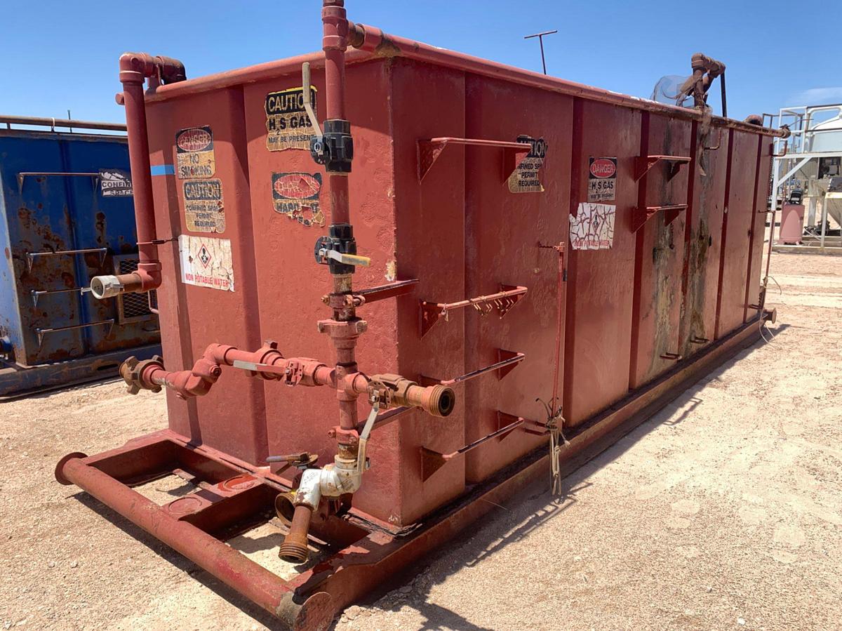 Used 21’ L x 9’ W x 8’ T 115 Bbl Open Top Skidded Tank