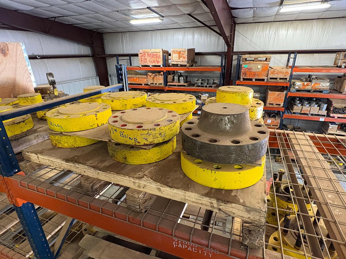 Used (4 shelves) w/ assorted 4” to 7” spools, single stud adapters, & 5” 10k blind flanges