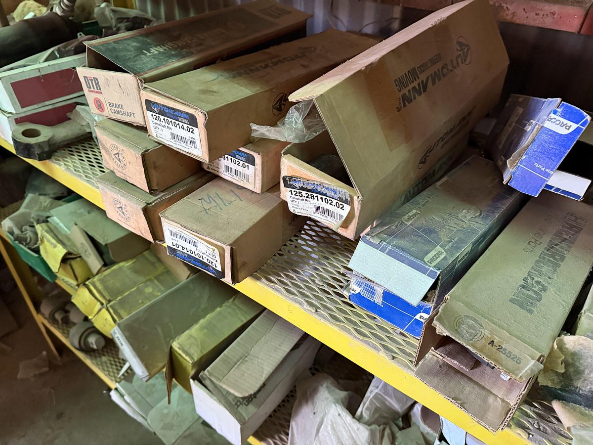 Used (2) 120”L X 24”W X 72”H 5-TIER METAL RACKS W/ TRUCK & ENGINE PARTS CONTENTS