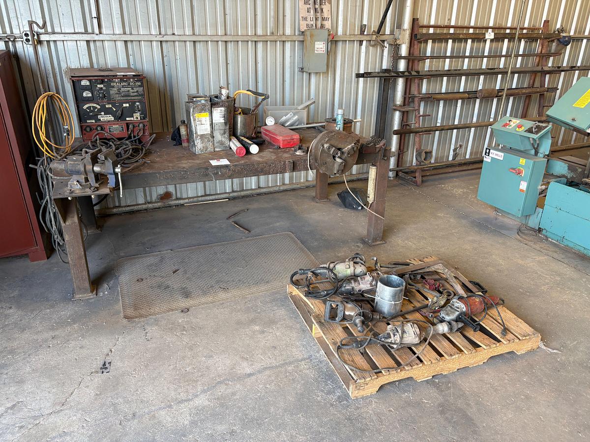 Used 8’ x 4’ x 33” metal shop table w/ contents