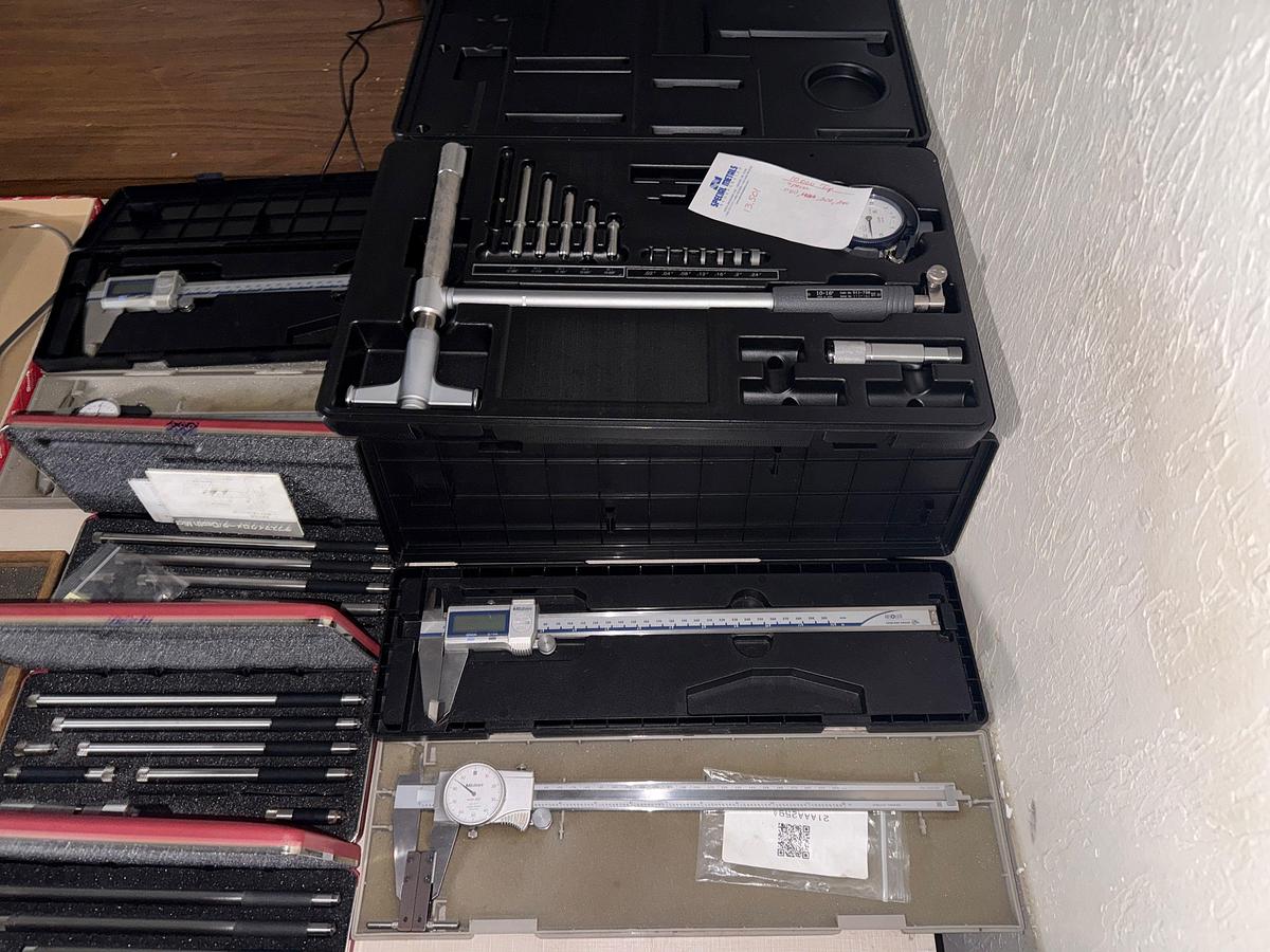 Used SECTION OF (6+) OD MICROMETERS , (7+) DEPTH GAUGES, GAUGE BLOCKS & ARMS, (4) DRAWER ROLLING TOOLBOX