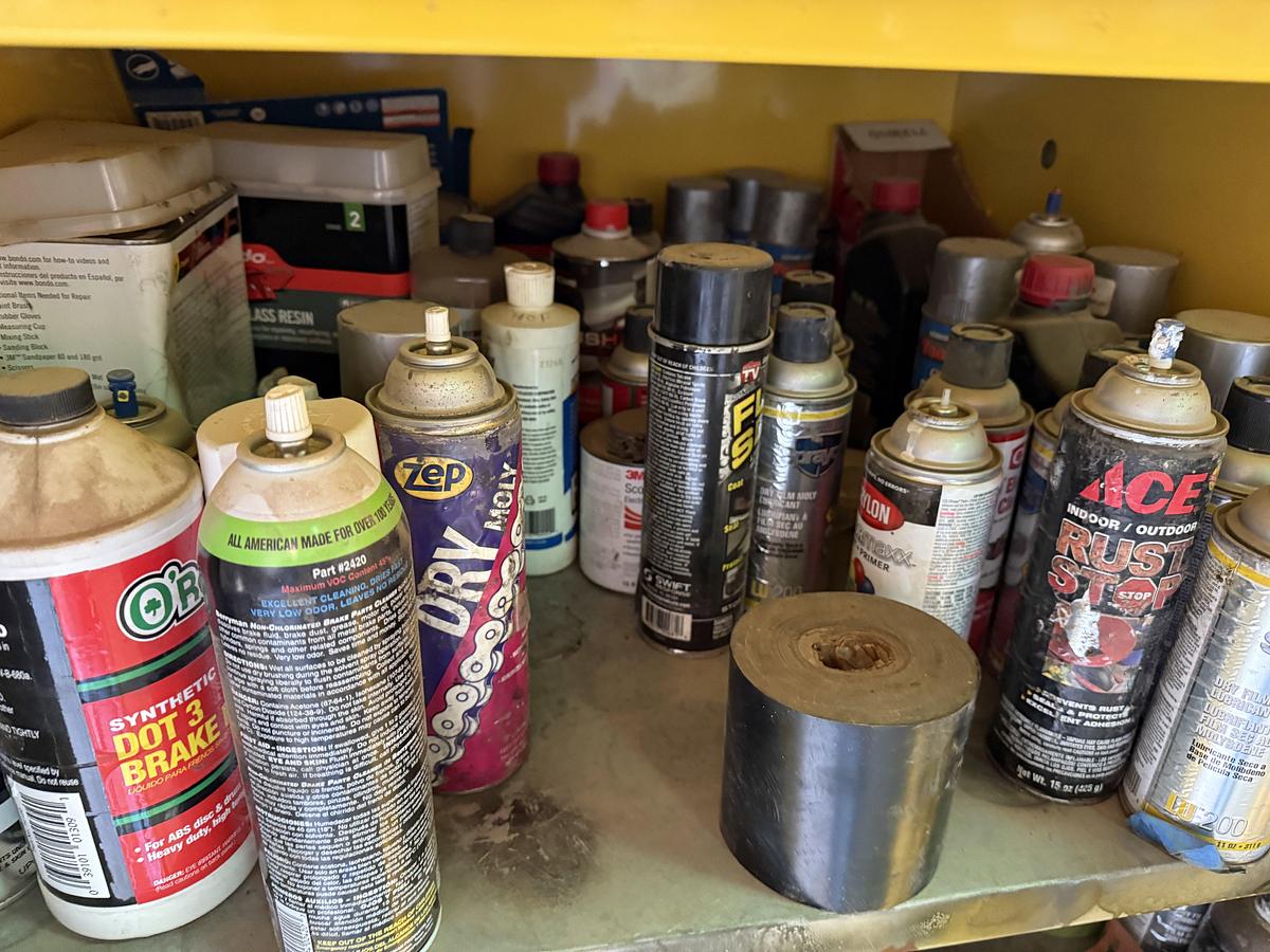 Used (1) 34”L X 34”L X 65”H FLAMMABLE LIQUID STORAGE CABINET & (1) 30”L X 15”W X 72”H 3-SHELF CABINET, ALL W/ TRUCK PARTS & PAINT