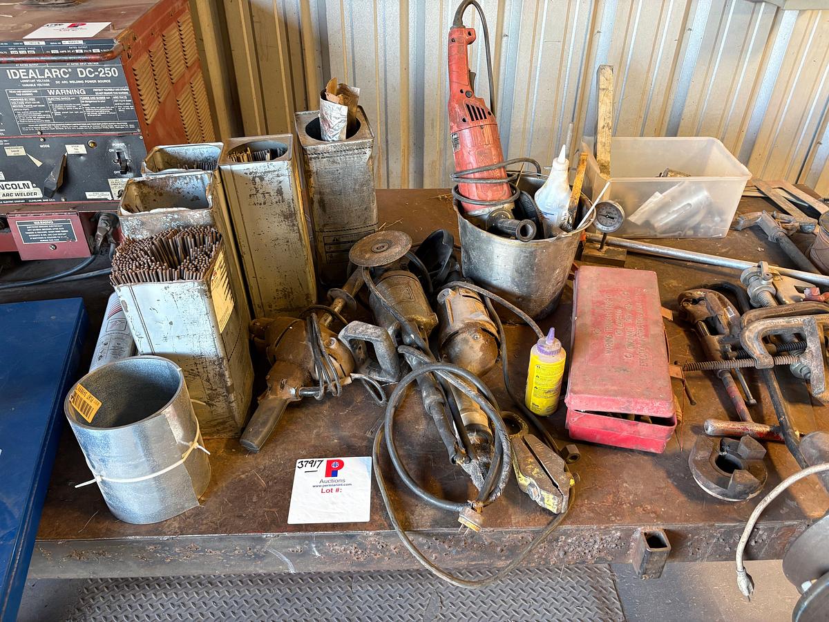 Used 8’ x 4’ x 33” metal shop table w/ contents