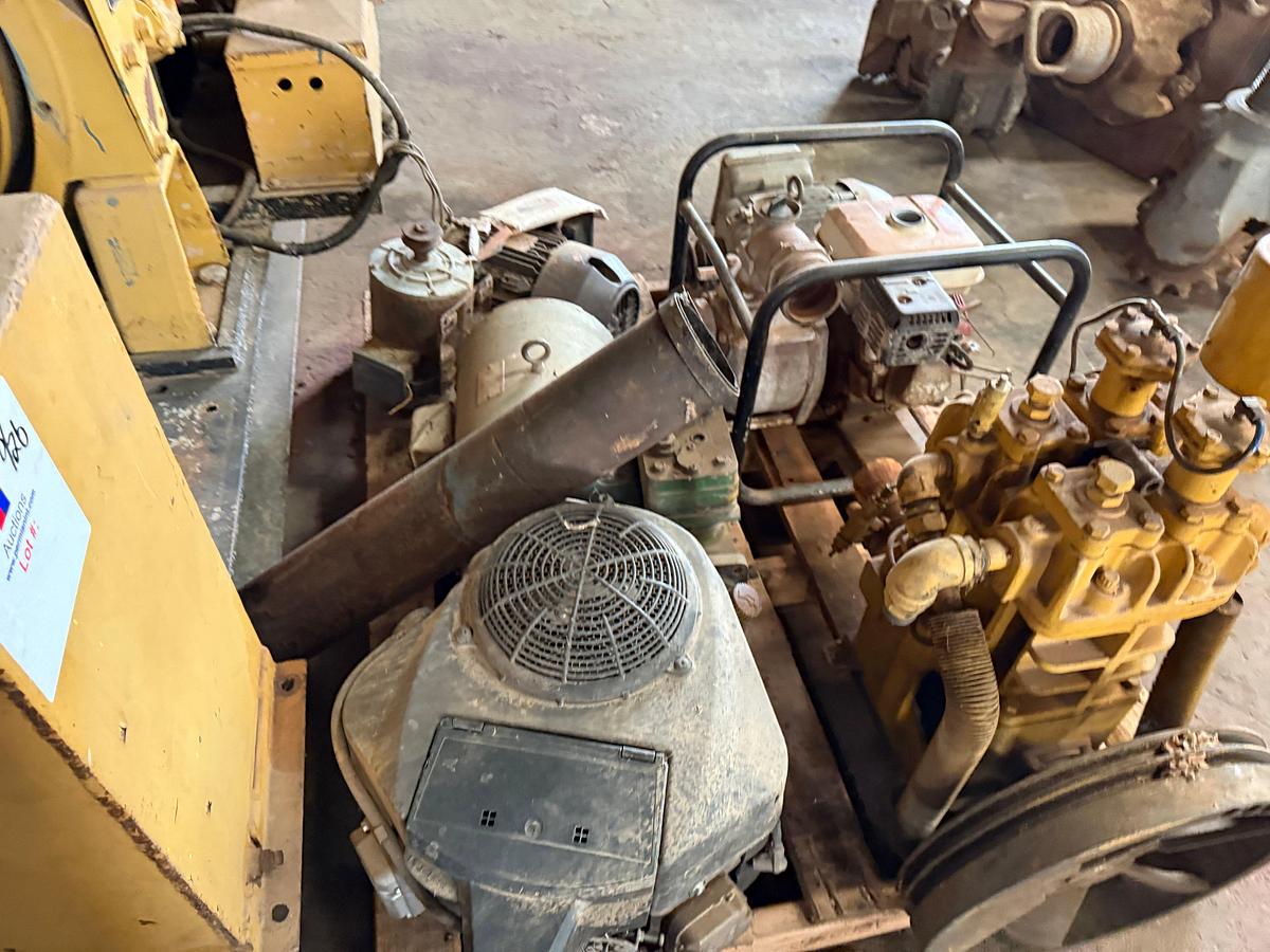 Used PALLET W/ HODA GX160 GAS TRASH PUMP (INOP), BENDIX CAT AIR COMPRESSOR, (4) ELECTRIC MOTORS, KOHLER OHV V-VALVE SMALL ENGINE
