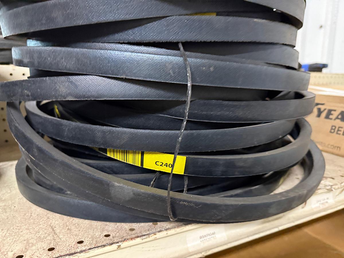 Used SECTION OF (90+) MOSTLY GOODYEAR C-SECTION BELTS SIZE RANGE C165 THRU C360 & (1) C210 POWERBAND V-BELTS