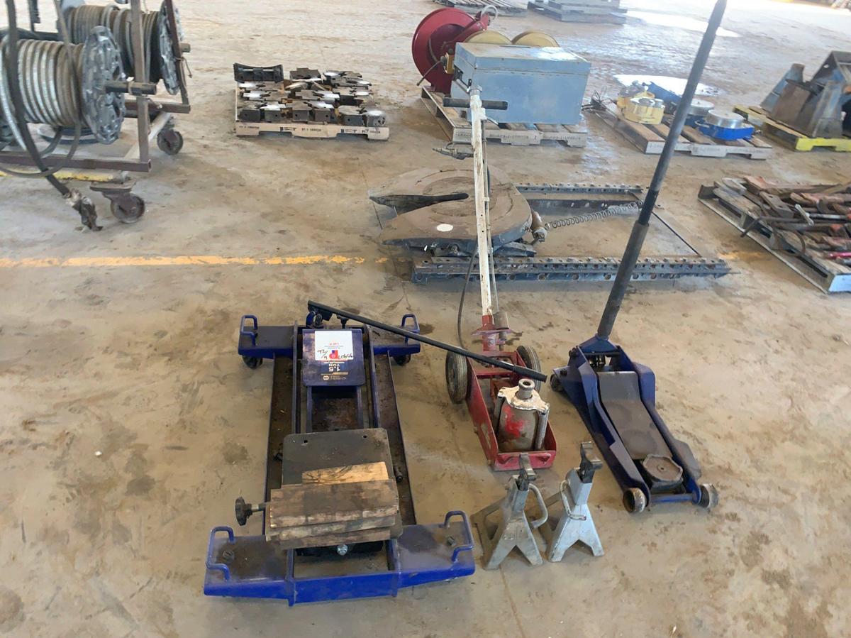 Used 1.5 Ton Transmission Jack, Air Powered Bottle Jack, and Floor Jack