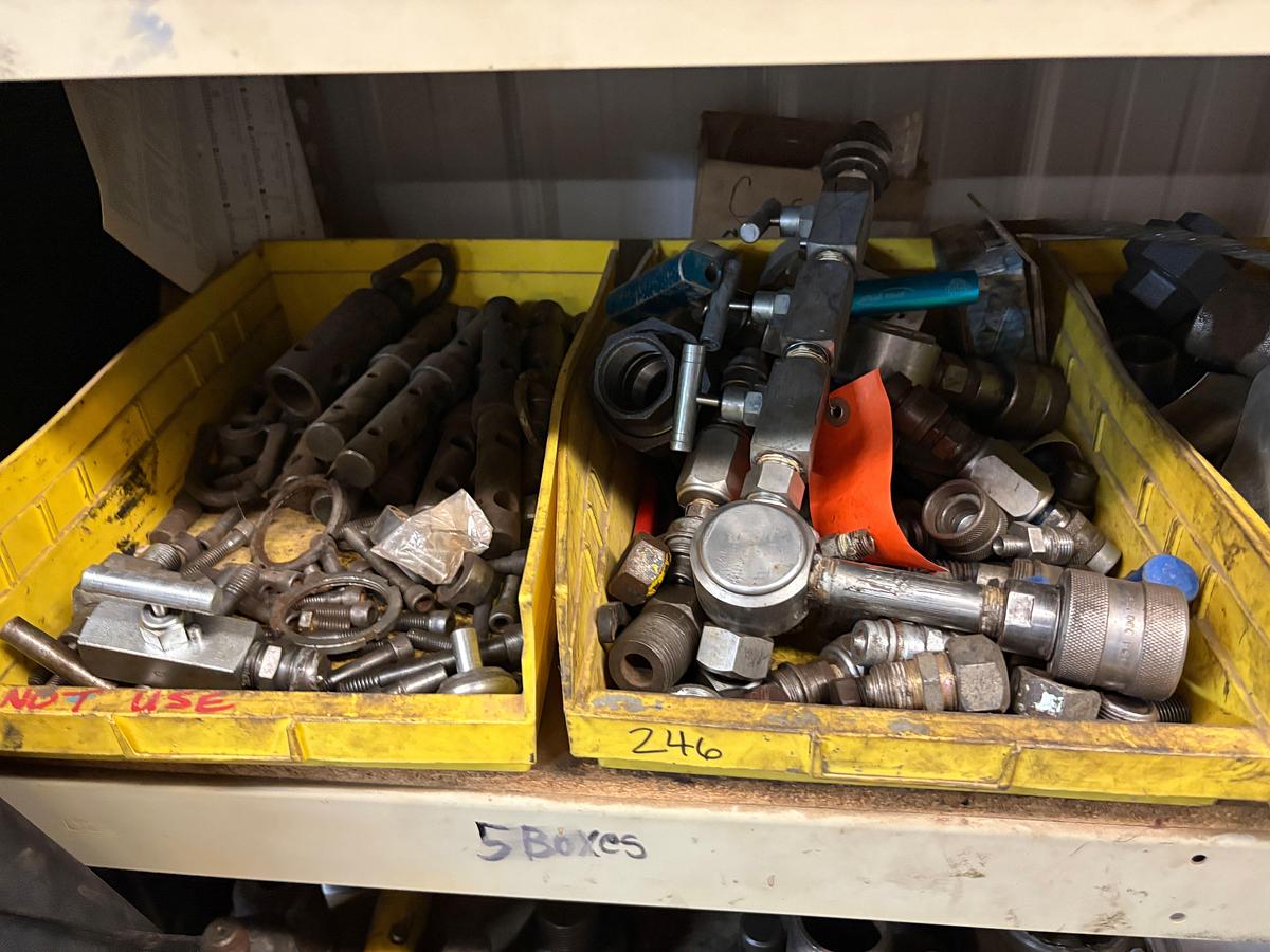 Used 4’ x 2’ x 6’ shelving w/ assorted test pump gauges, needle valves, hydraulic fittings, packing/seals, toolboxes, etc.