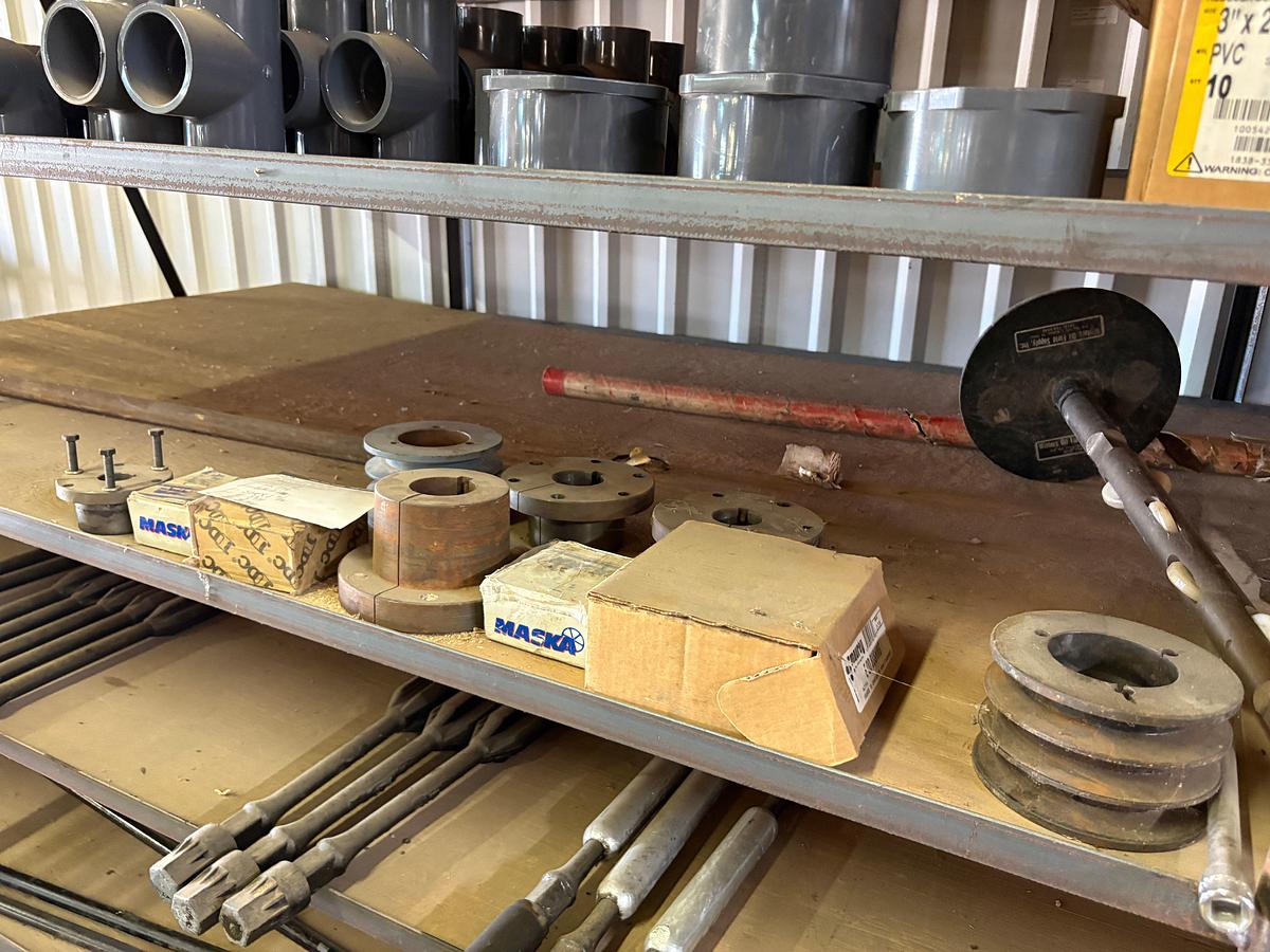 Used Contents of (5) shelves w/ U-line oil spill pads, various 2” to 4” PVC pipe fittings, etc.
