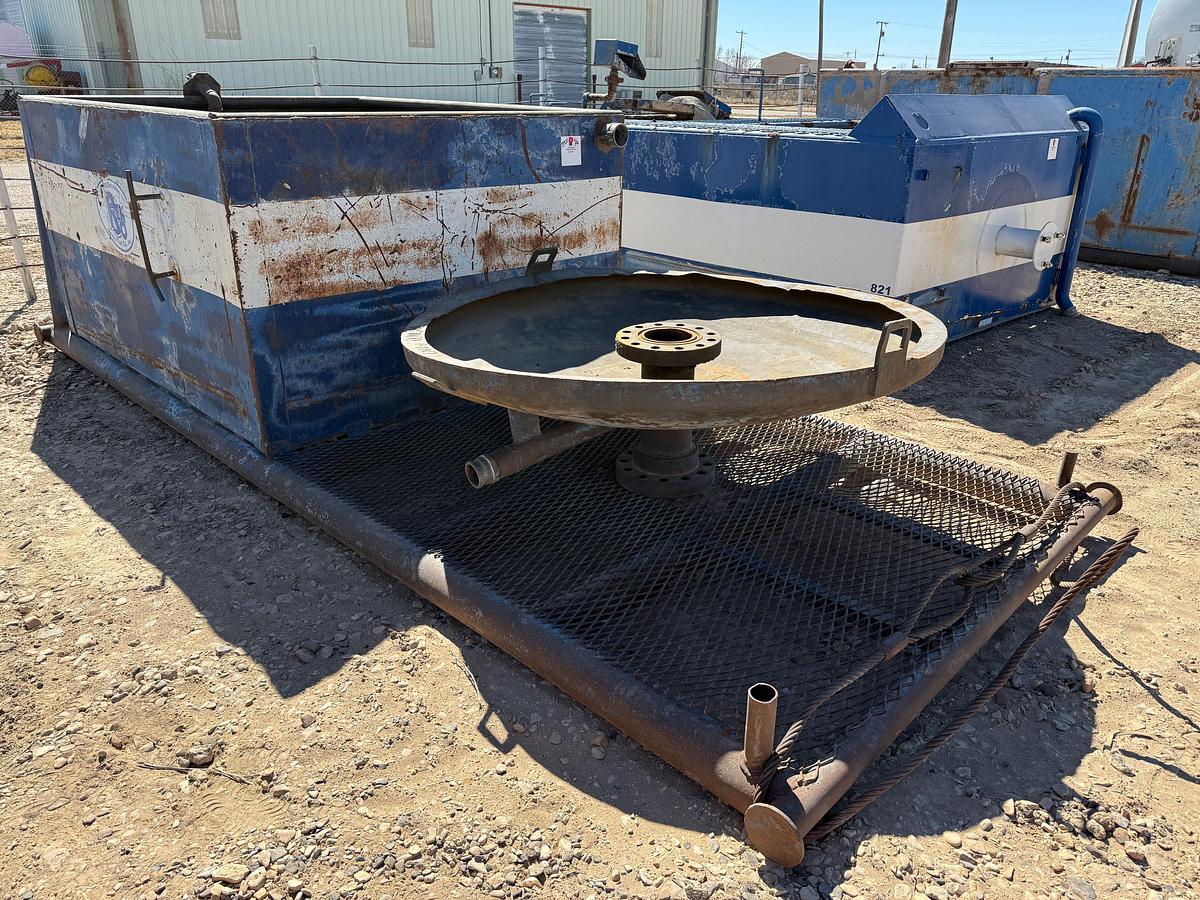 Used 30 BBL 8’ X 6’ X 4’ TANK MTD ON 17’ X 7’ SKID W/ CATCH PAN & SPOOL