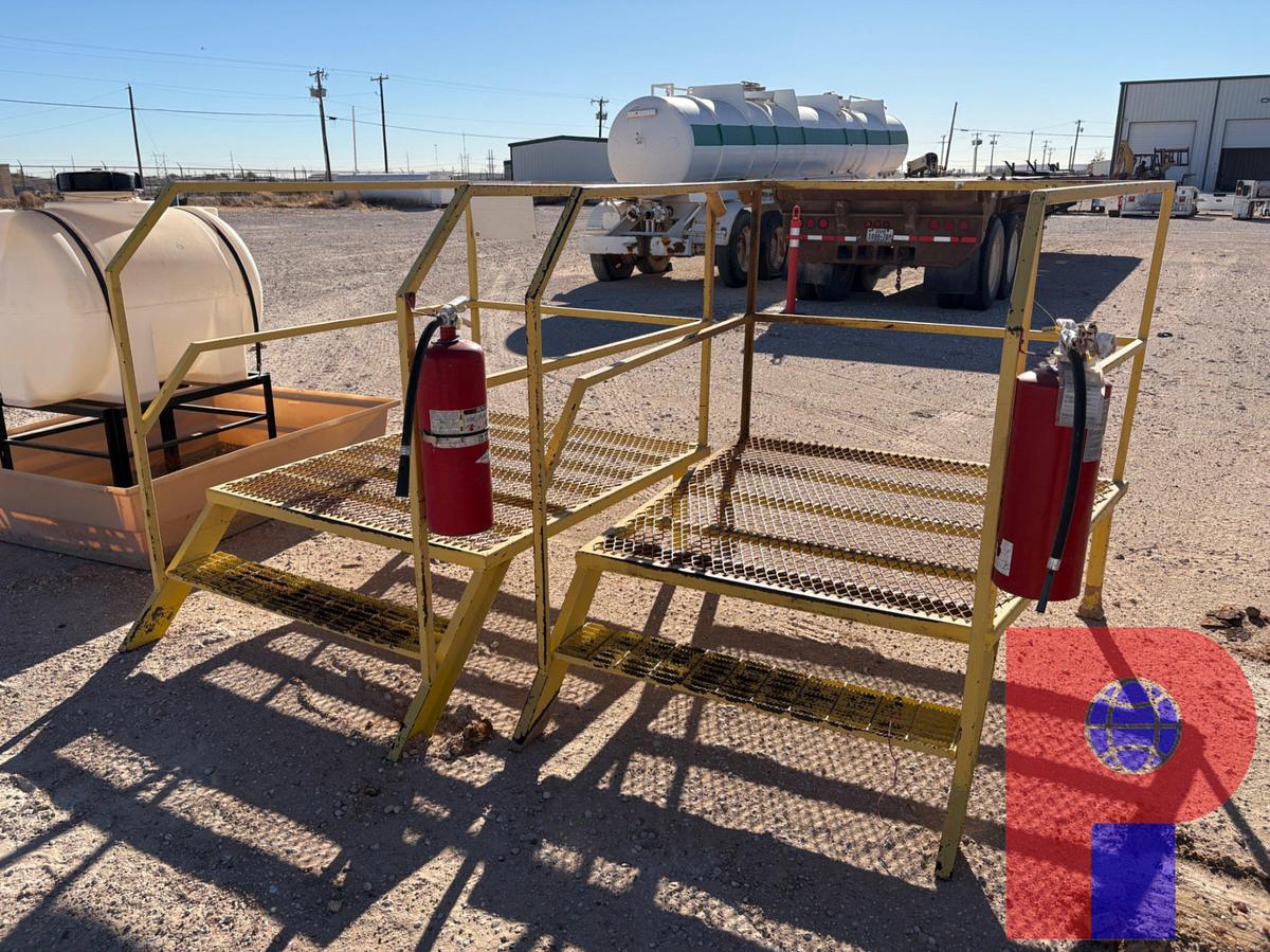 Used 8’ X 3.5’ GRAVITY FED FUEL TANK W/ (2) 18”H WORK PLATFORMS & 150GAL POLY TANK