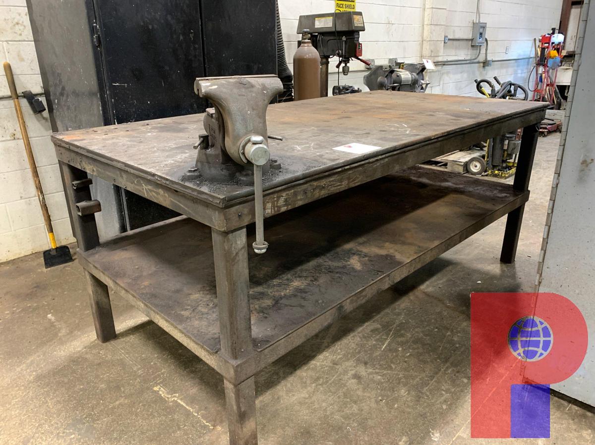 Used 8’ X 4’ STEEL TABLE W/ 8’ X 4’ BOTTOM SHELF W/ 8” JAW VICE