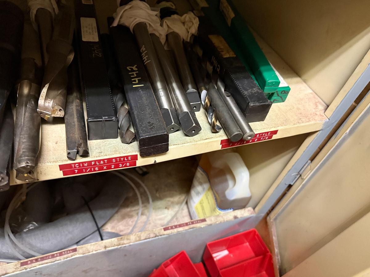 Used ROOM W/ SHELVES & (2) DOOR CABINET INCLUDES (100+) MACHINE CUTTING TOOLS, SUPPLIES, SPARE PARTS, & RELATED