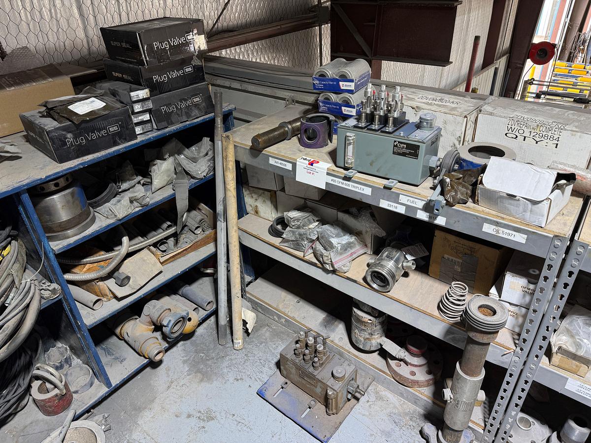 Used 7-SHELVE SECTION OF OFM 600 TRIPLEX PUMP PARTS, PLUG VALVE KITS