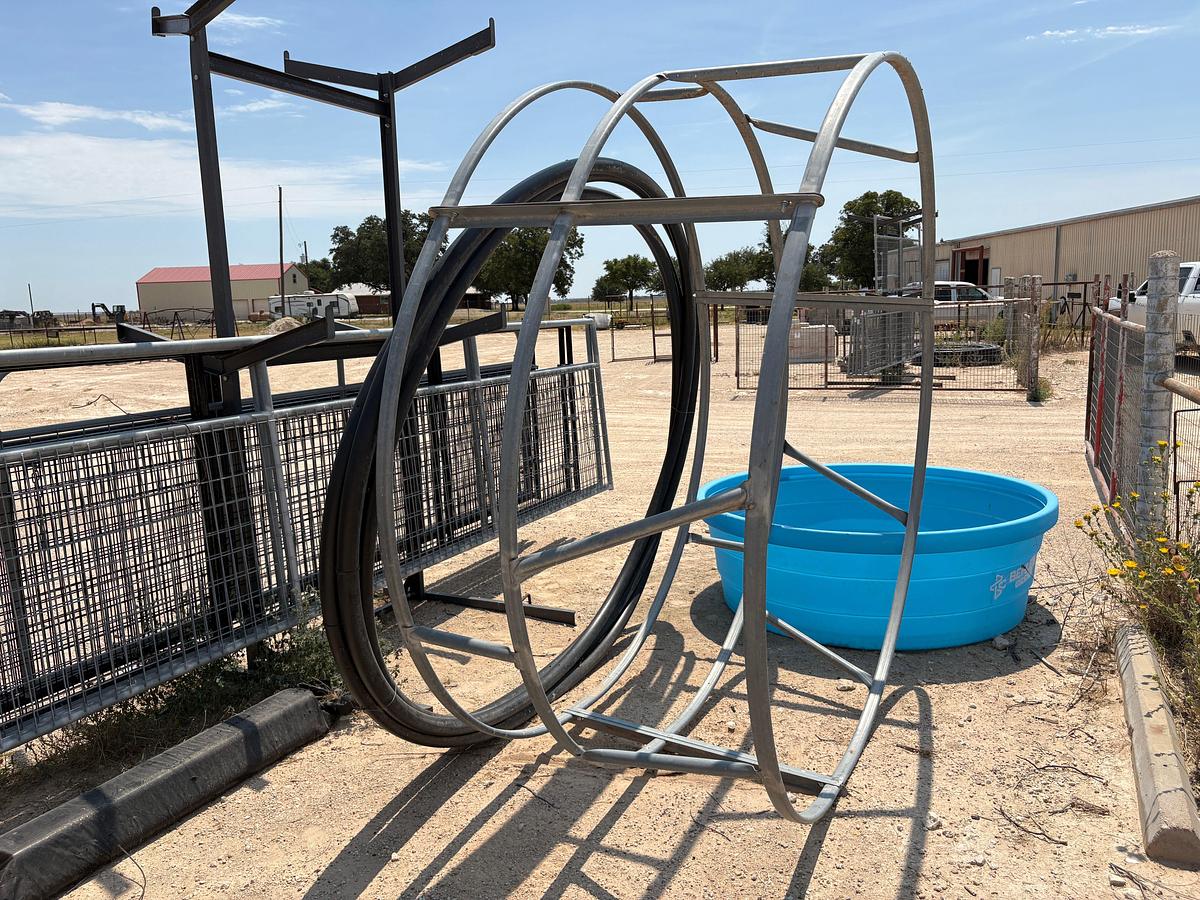 Used 6’ x 2’ flex poly stock tank, poly-pipe hay ring & round bale feeder