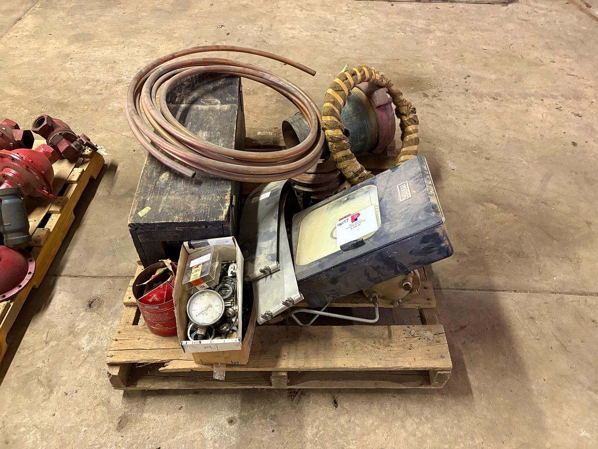 Used Pallet w/ Barton chart recorder, Larkin stripper head, wooden toolbox, etc.