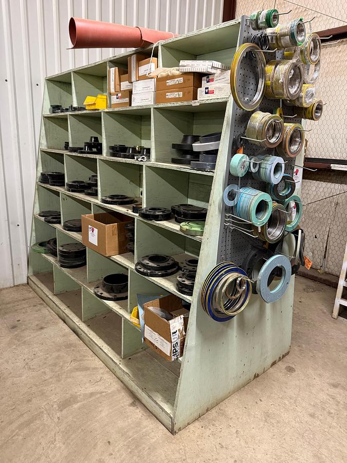 Used 8’ x 2’ x7’ DOUBLE SIDED 48-BIN WOOD PARTS SHELF