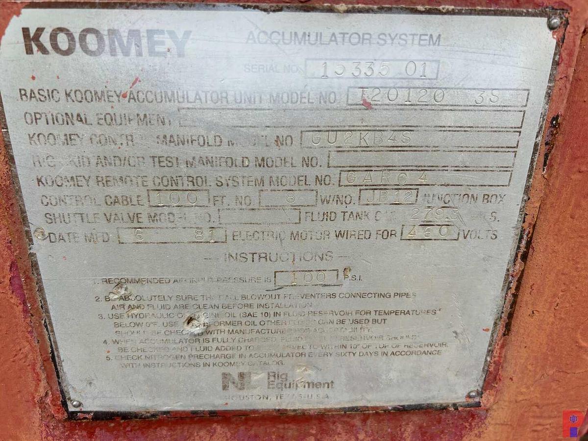 Used KOOMEY 5-STATION 10-BOTTLE ACCUMULATOR CLOSING UNIT W/ TRIPLEX PUMP