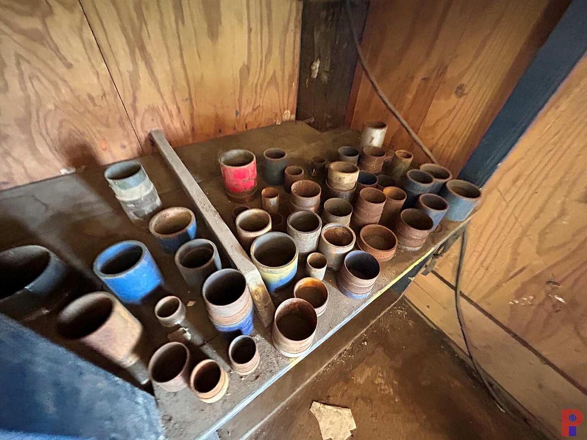 Used 2-SHELVES W/ (60 +) 1-1/2” - 8” STEEL THREAD PROTECTORS