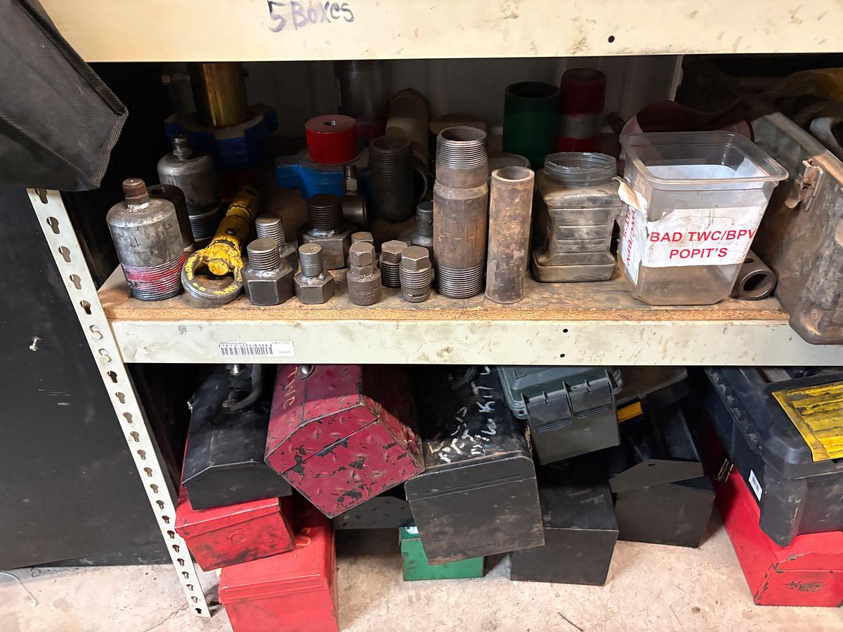 Used 4’ x 2’ x 6’ shelving w/ assorted test pump gauges, needle valves, hydraulic fittings, packing/seals, toolboxes, etc.