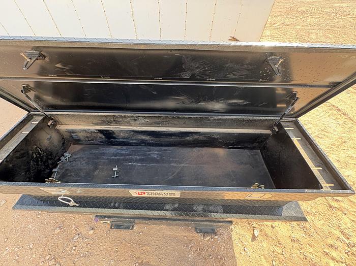 Used WEATHERGARD L-SHAPED FUEL TANK W/ TRANSFER PUMP, HOSE, & (2) LOW PROFILE TRUCK TOOLBOXES