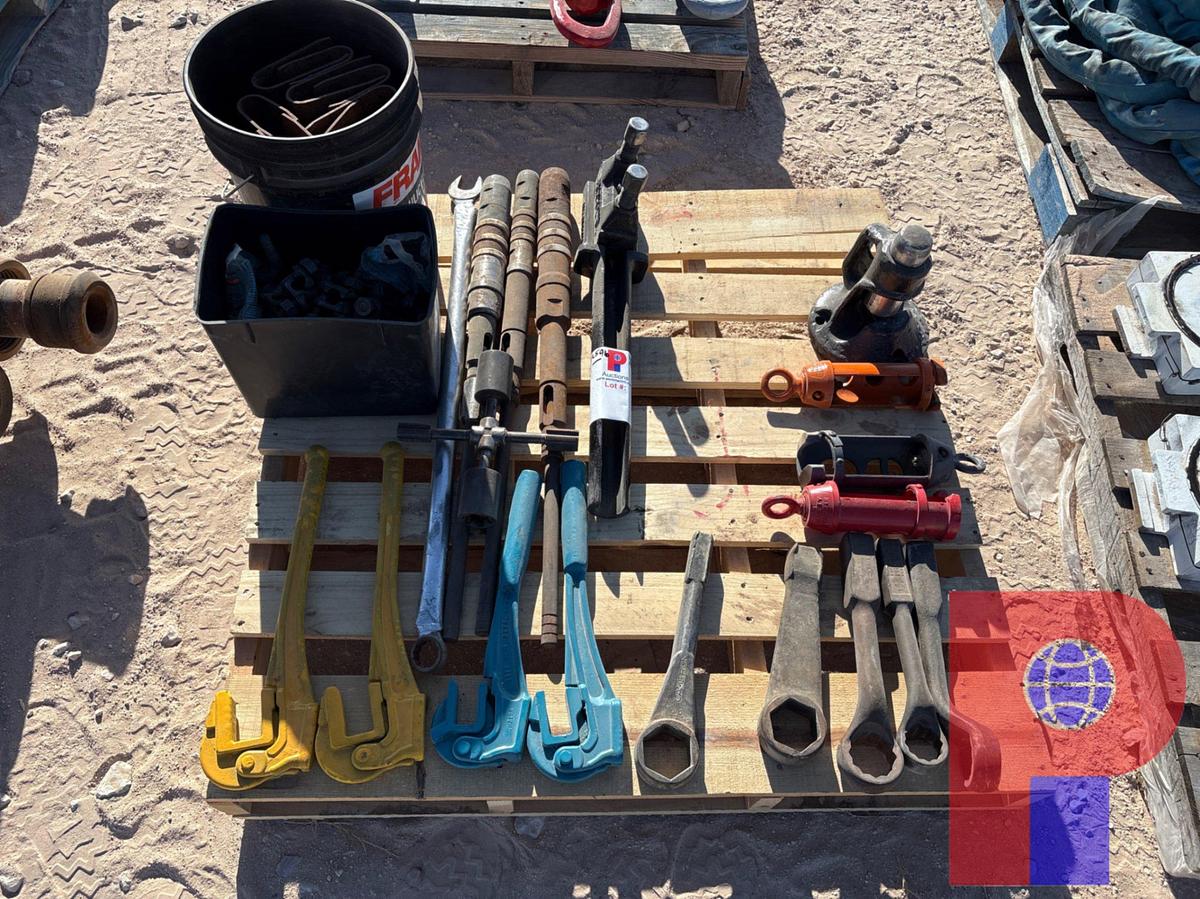 Used Pallet w/ rod wrenches, hammer wrenches, rod back off tool, rod transfers, cable cutter
