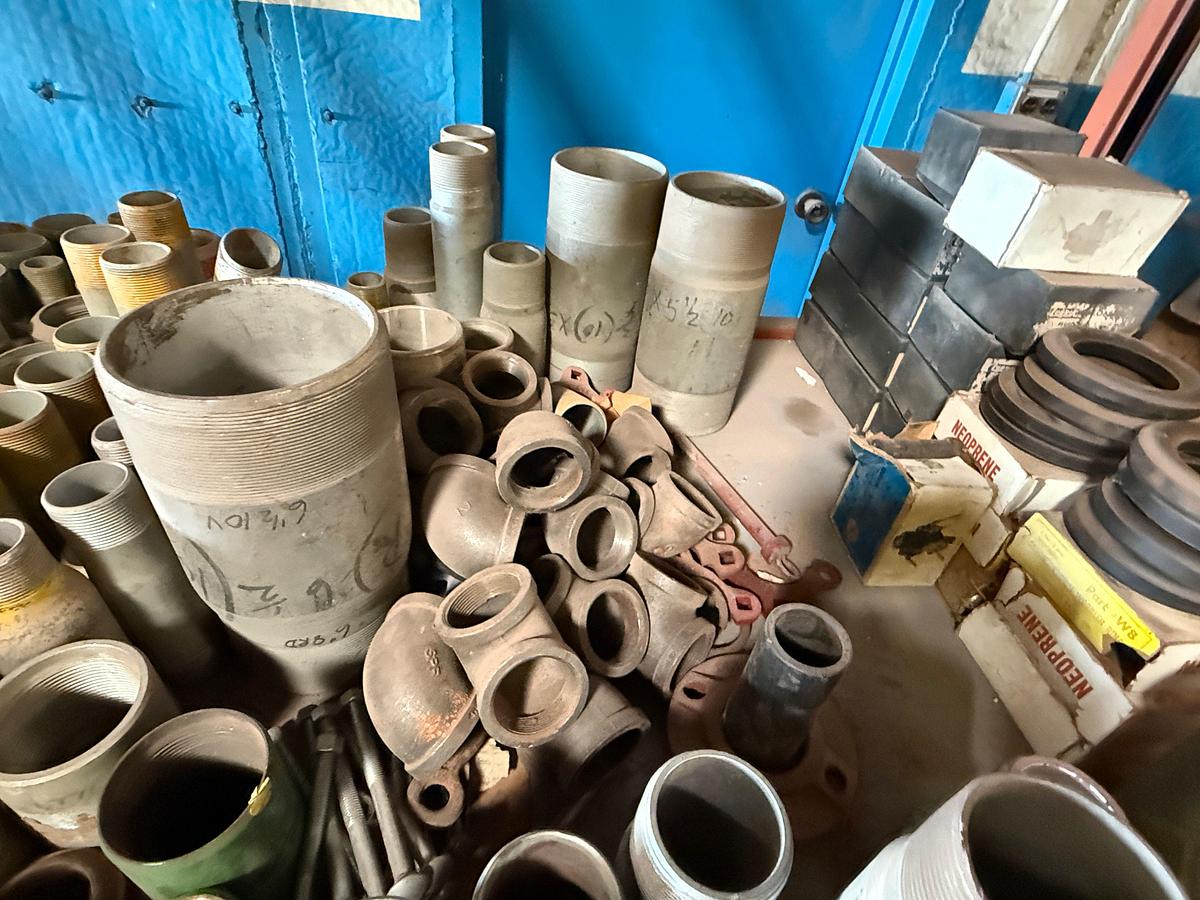 Used SHELF W/ (150+) ASSORTED PIPE FITTINGS, COLLARS, SWAGES, EL’s, REDUCER, X-OVERS, 1-1/2” THRU 6-1/2”