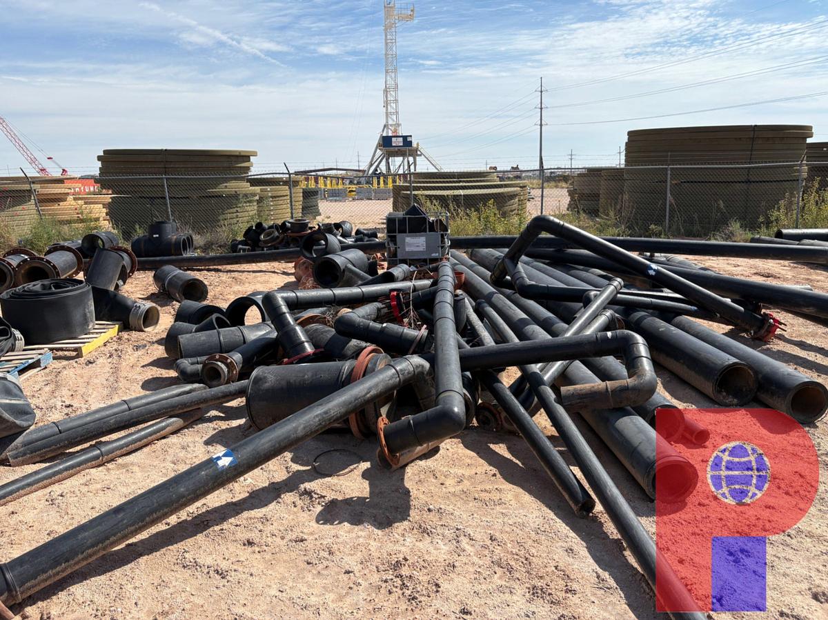 Used LARGE ASSORTMENT OF 5” - 14”DIA POLY PIPE CUT OFFS AND FITTINGS & 12” LAYFLAT HOSE