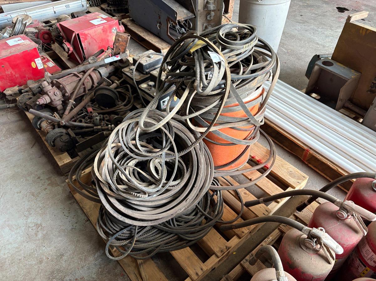 Used (3 pallets) of assorted pulley/drive belts, engine starters & fire extinguishers