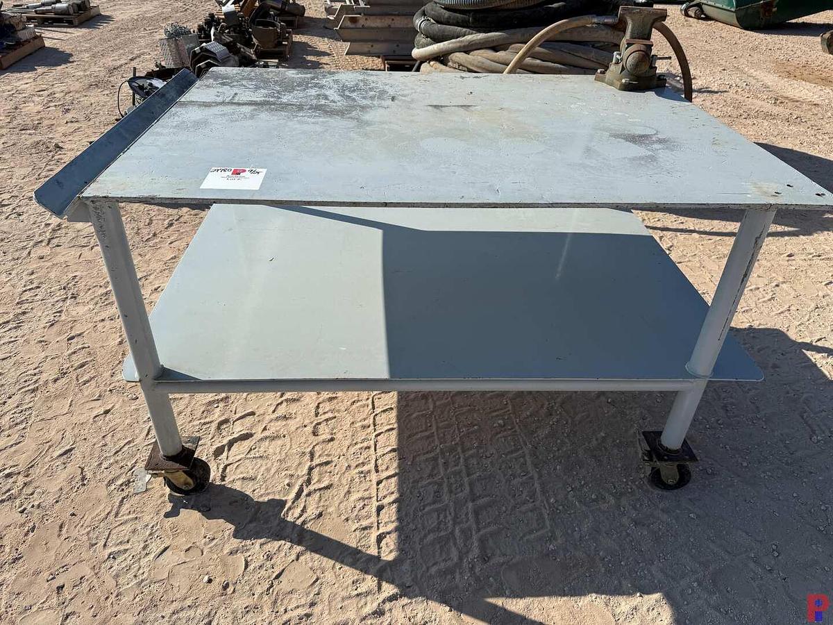 Used 6’ L X 4’ W X 3.3’H ROLLING WORK TABLE W/ WILTON 6-1/2” VICE