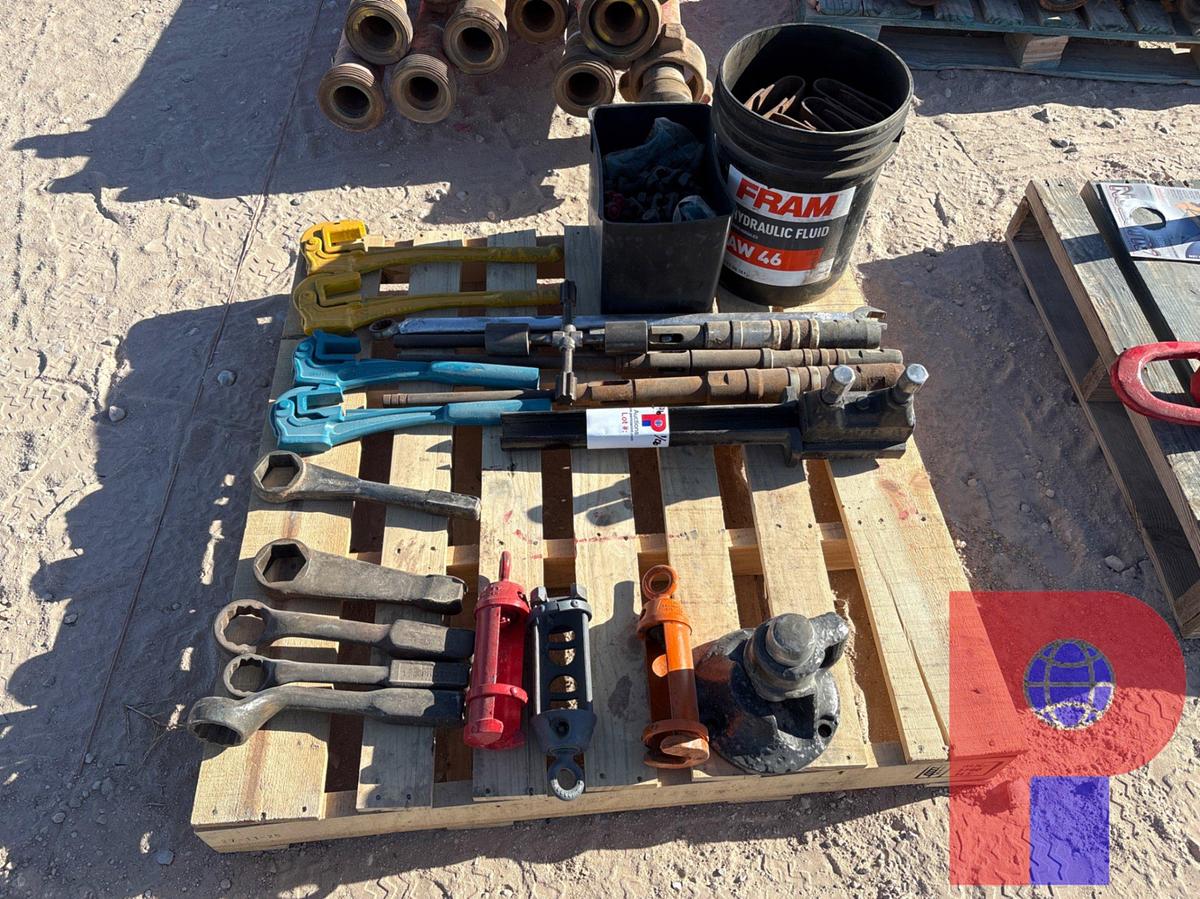 Used Pallet w/ rod wrenches, hammer wrenches, rod back off tool, rod transfers, cable cutter