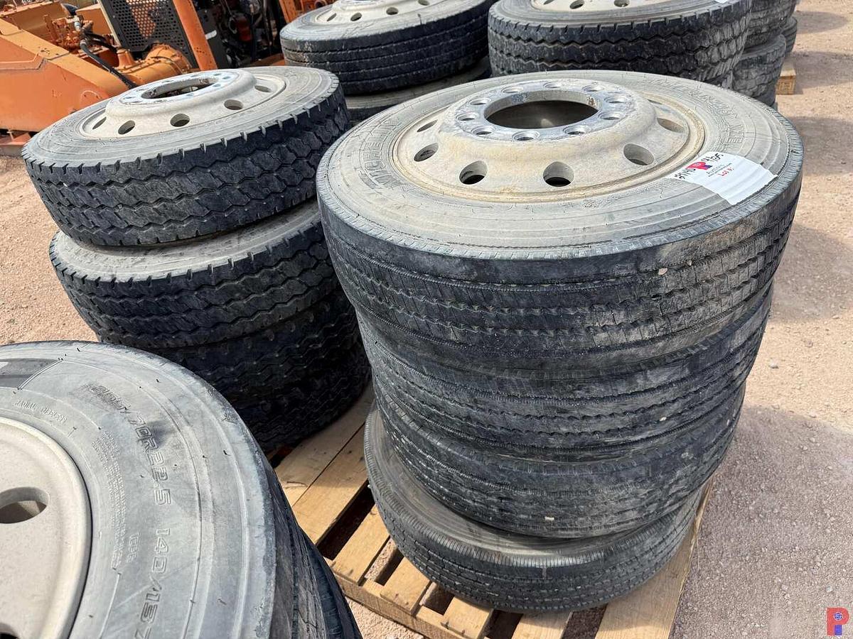 Used (8) 255/70R22.5 TIRES W/ ALUMINUM / STEEL BUD WHEELS