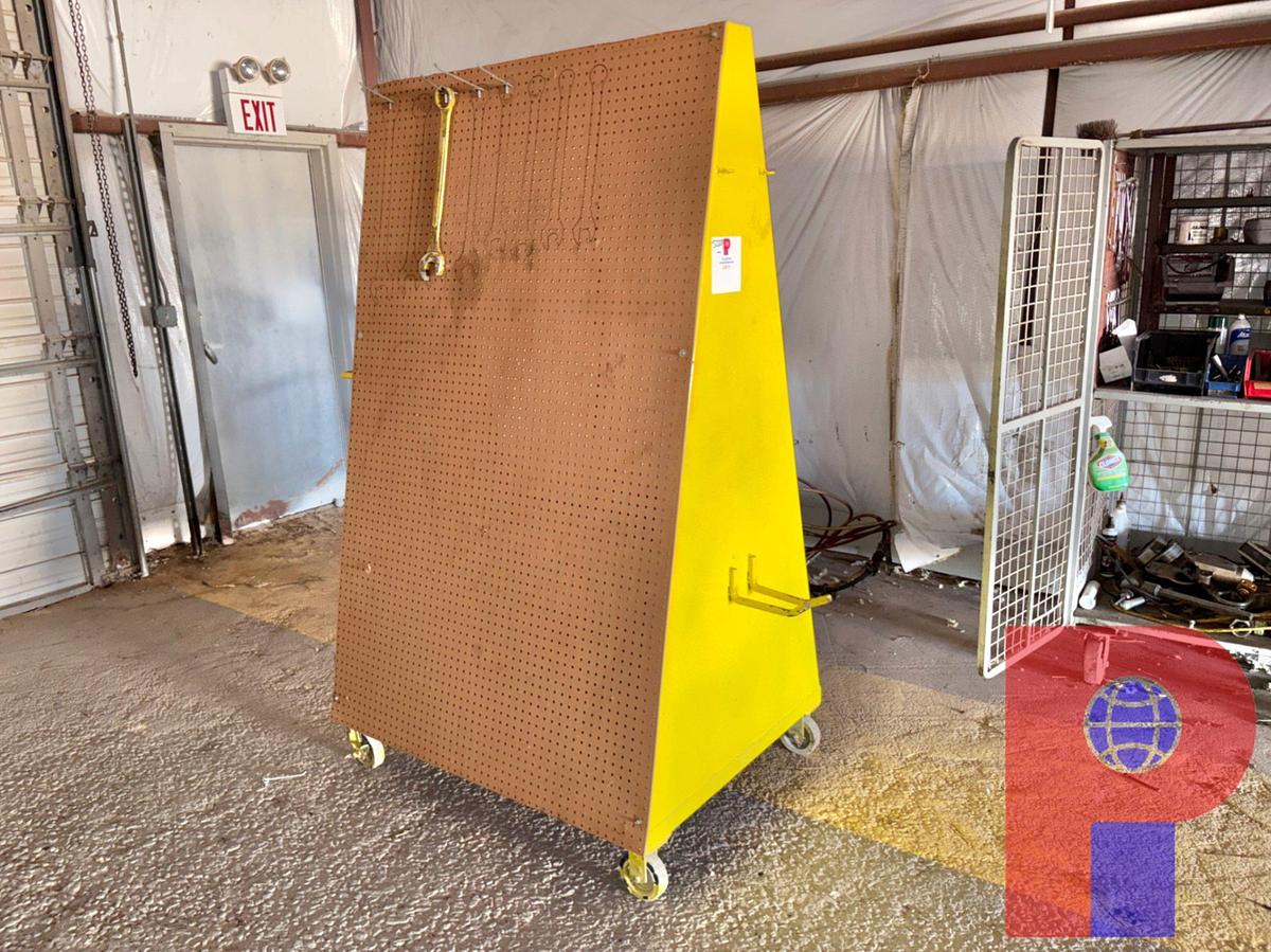 Used (2) A-FRAME TOOL RACKS, METAL STORAGE RACK, TRUCK TOOLBOX & WATER COOLED FAN