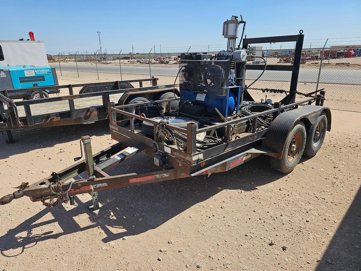 Used Portable pneumatic grease pump mtd on 12’ x 6’ shopbuilt t/a bumper pull trailer
