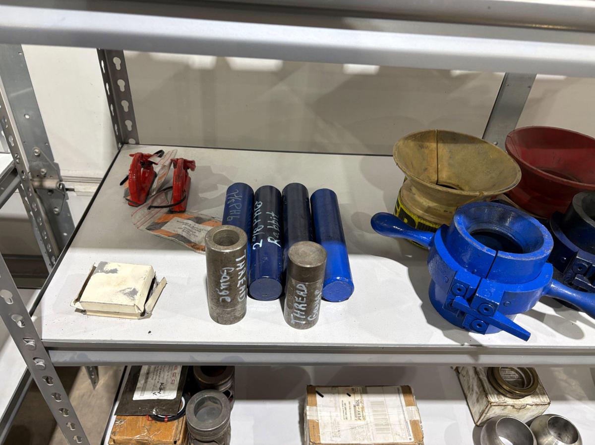 Used Shelving unit w/ (UNUSED) XK-90 & Logan swivel parts, stabbing guides, Kelly valve kits, guages, etc