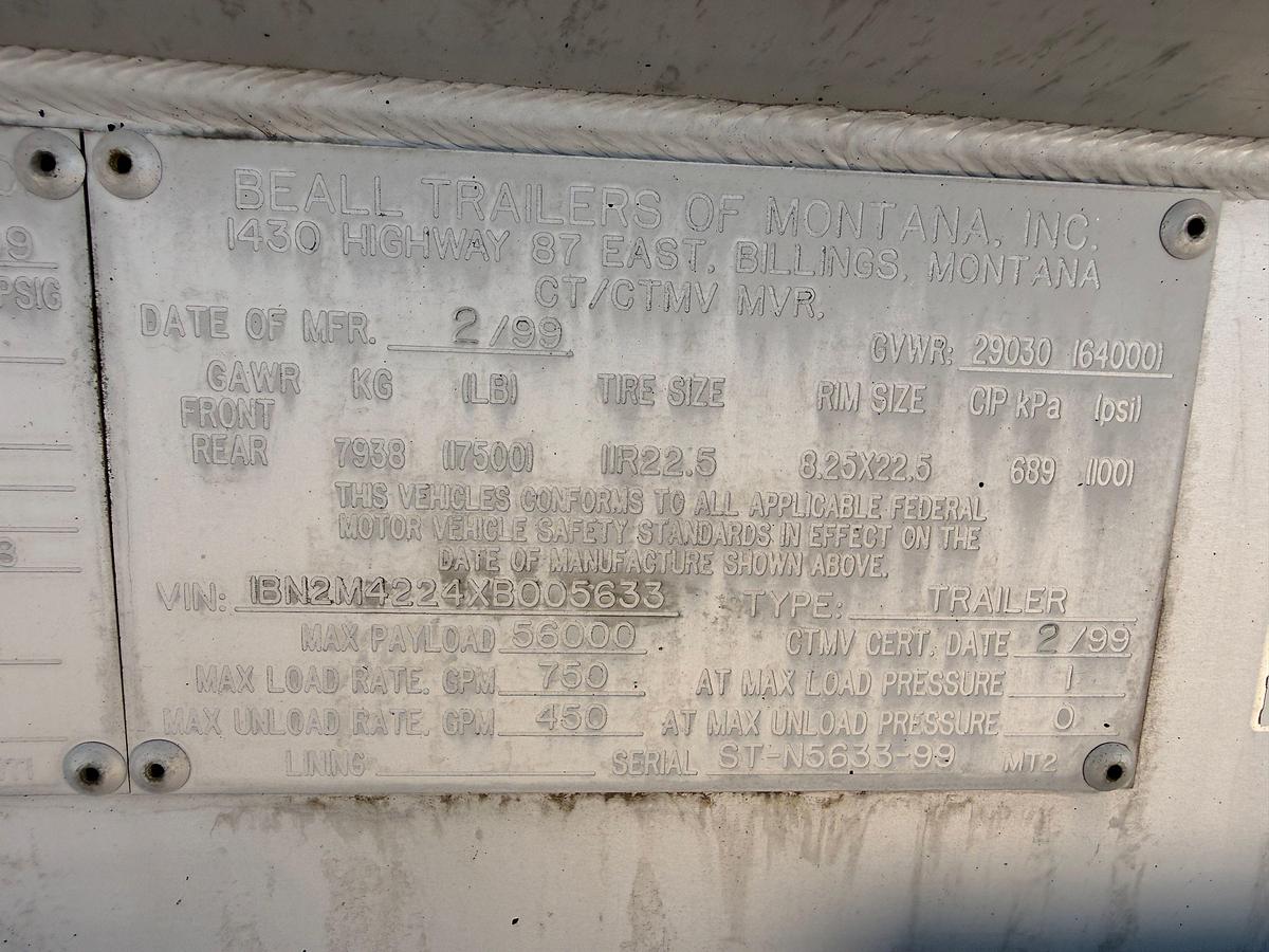 Used 1999 BEALL TRAILERS DOT 406-AL 9,500-GAL. 4-COMP T/A FUEL TANK TRAILER