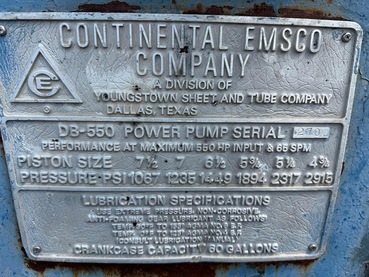 Used CONTINENTAL EMSCO DB-550 DUPLEX MUD PUMP W/ EATON 18”AIRFLEX CLUTCH, SKIDDED