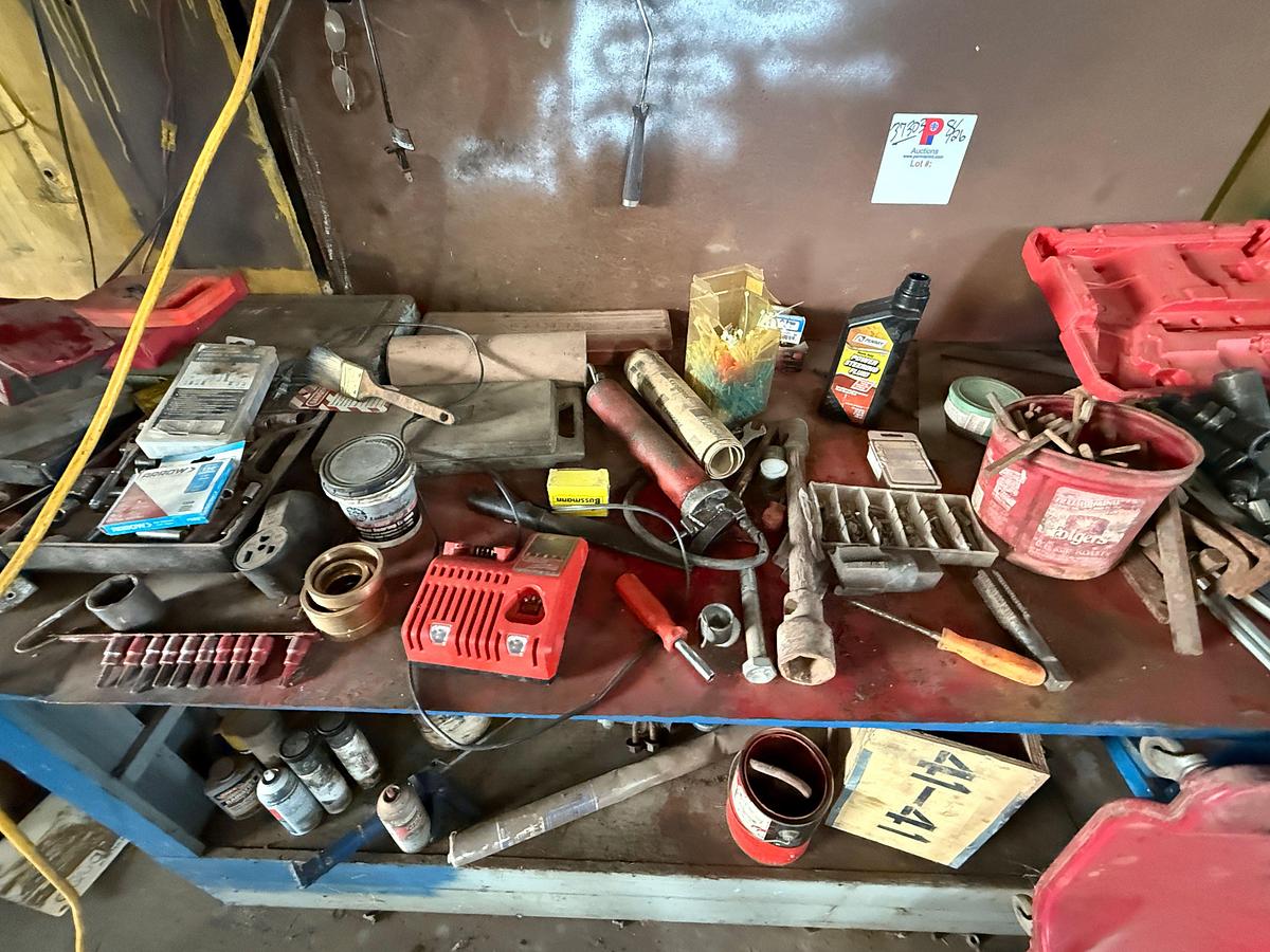 Used CONTENTS OF WORK BENCH AREA, AIR IMPACT WRENCHES, SOCKETS, CREEPER, & RELATED